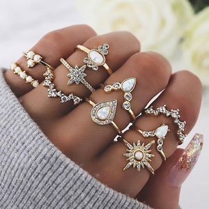 Boho 10 Ring Set Unique Crystal Gold Tone